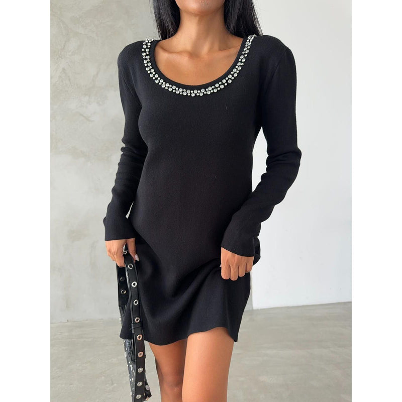 Womens knitted crew collar pearl effect dress style 5871