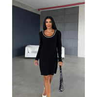 Womens knitted crew collar pearl effect dress style 5871