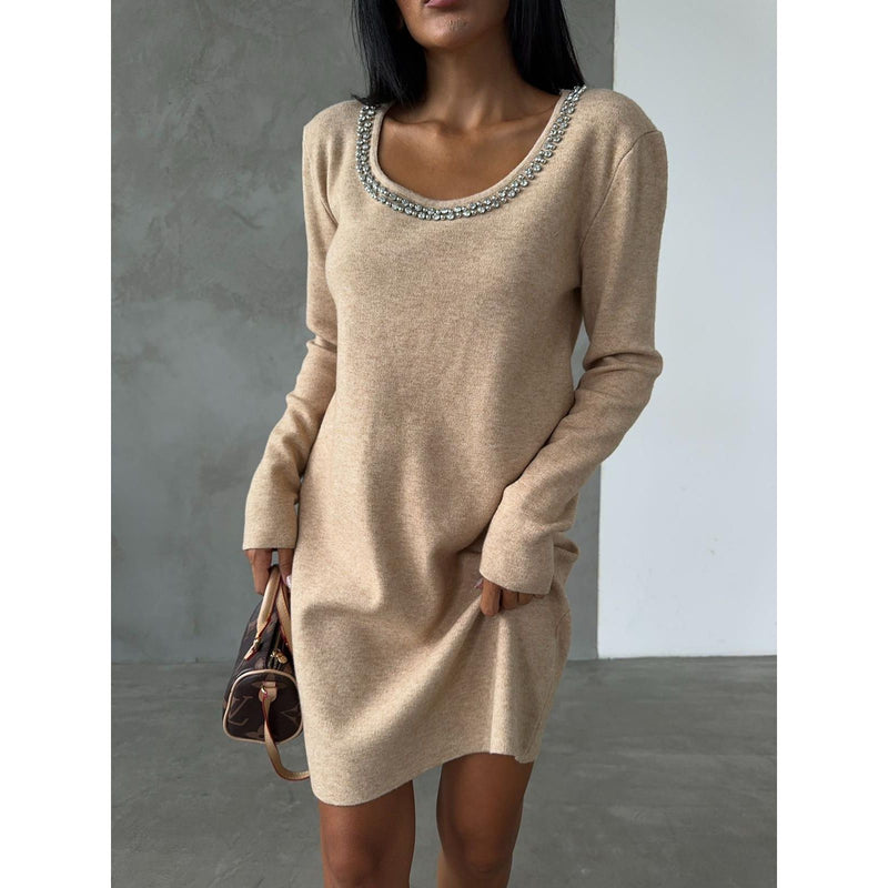 Womens knitted crew collar pearl effect dress style 5871